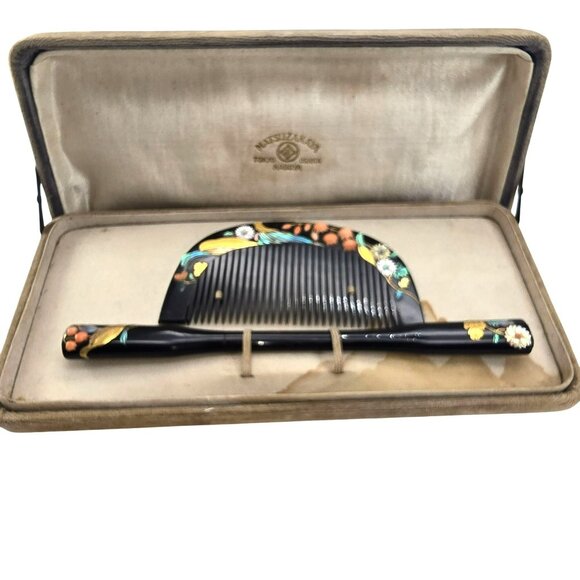 Japanese Floral Lacquer Hair Comb & Stick Set In Box Matsuzakaya Vintage JE311 - Picture 10 of 14